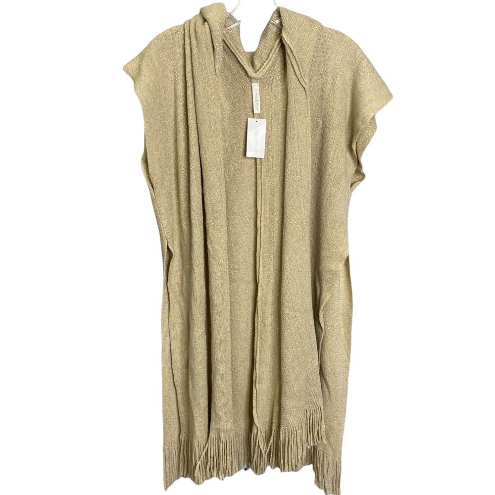 Mia & Tess Womens Gold Metallic‎ Hooded Knit Poncho Fringe Hem NWT OS